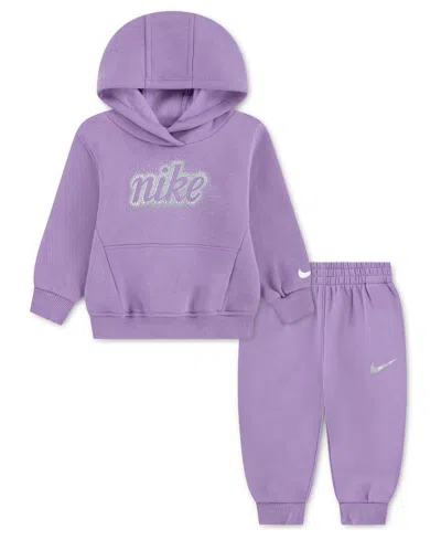 Nike Kids' Baby Girls' Swoosh Sparkle Fleece Hooded Hoodie And Jogger Pants, 2-piece Set In Purple