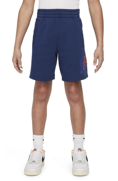Nike Kids' Club Fleece French Terry Sweat Shorts In Midnight Navy/ Safety Orange