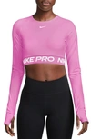 Nike Pro 365 Dri-fit Long Sleeve Crop Top In Playful Pink/white