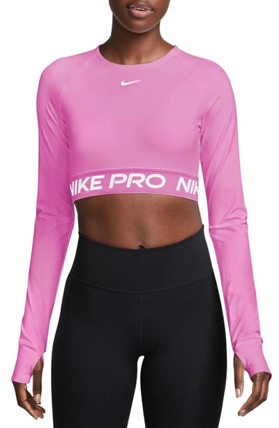 Nike Pro 365 Dri-fit Long Sleeve Crop Top In Playful Pink/ White