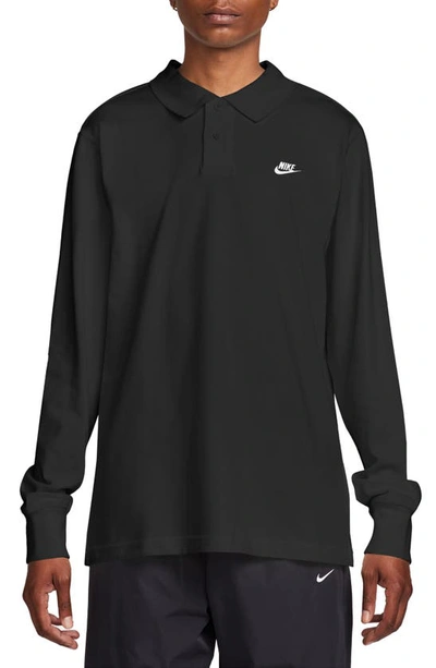 Nike Solo Swoosh Long Sleeve Polo In Black/ White
