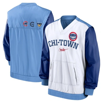 Nike White/light Blue Chicago Cubs Rewind Warmup V-neck Pullover Jacket