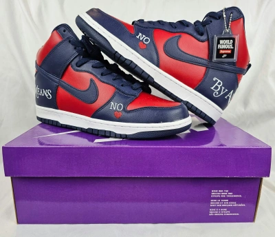 Pre-owned Nike X Supreme Nike Sb Dunk High "by Any Means" Navy Red Men's Shoes (size 10)