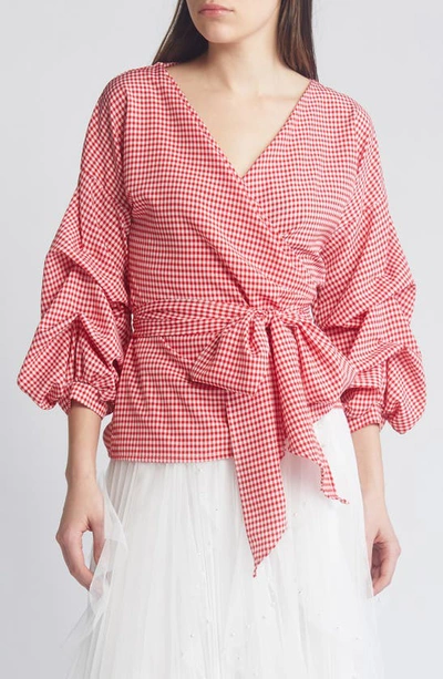 Nikki Lund Anna Tie Waist Wrap Top In Red/ Wht