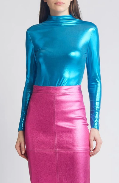 Nikki Lund Liquid Metallic Mock Neck Top In Blue