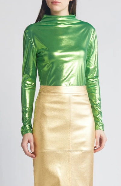 Nikki Lund Liquid Metallic Mock Neck Top In Green