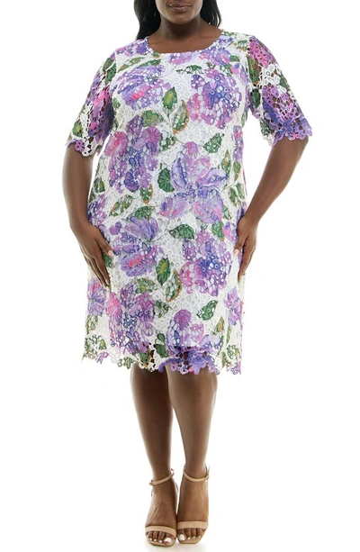 Nina Leonard Elbow Sleeve Lace Dress In Vibrant Violet Multi
