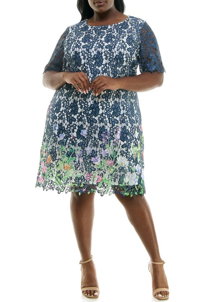 Nina Leonard Floral Print Lace Dress In Navy Multi
