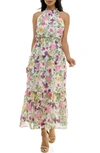 Nina Leonard Floral Sleeveless Tiered Chiffon Maxi Dress In Pink Multi