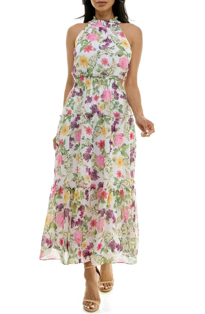 Nina Leonard Floral Sleeveless Tiered Chiffon Maxi Dress In Pink Multi
