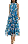 Nina Leonard Floral Sleeveless Tiered Chiffon Maxi Dress In Waterfall Multi
