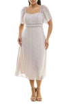 Nina Leonard Flutter Sleeve Sweetheart Midi Dress In Beige/ Navy/ Mustard