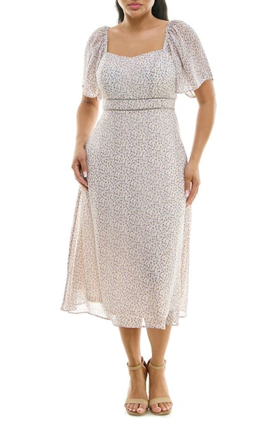 Nina Leonard Flutter Sleeve Sweetheart Midi Dress In Beige/ Navy/ Mustard