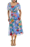 Nina Leonard Flutter Sleeve Sweetheart Midi Dress In Peri Multi