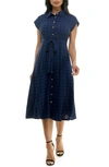 Nina Leonard Swiss Dot Cap Sleeve Midi Shirtdress In Navy Multi