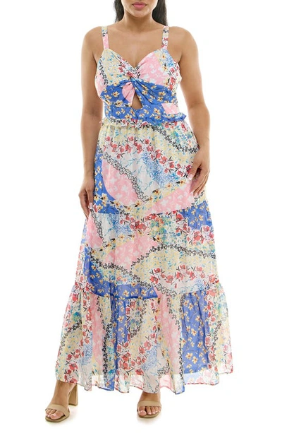 Nina Leonard Twist Front Maxi Dress In White Multi