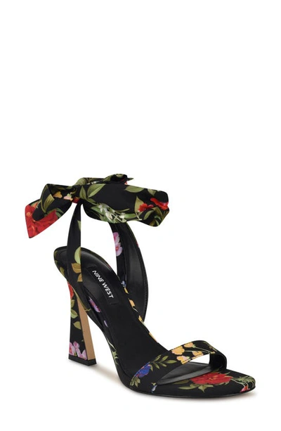 Nine West Kelsie Ankle Tie Sandal In Black Garden Print Multi - Textile