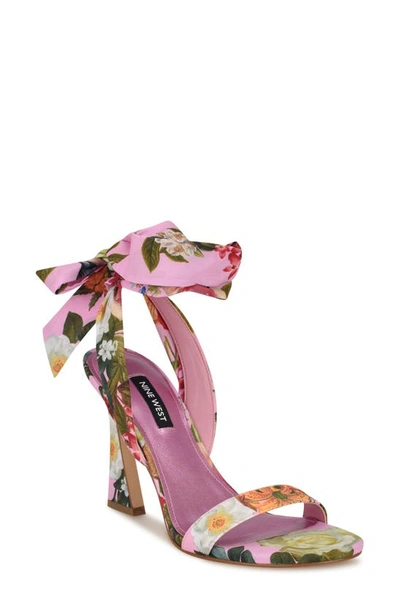 Nine West Kelsie Ankle Tie Sandal In Pink Rose Print Multi - Textile