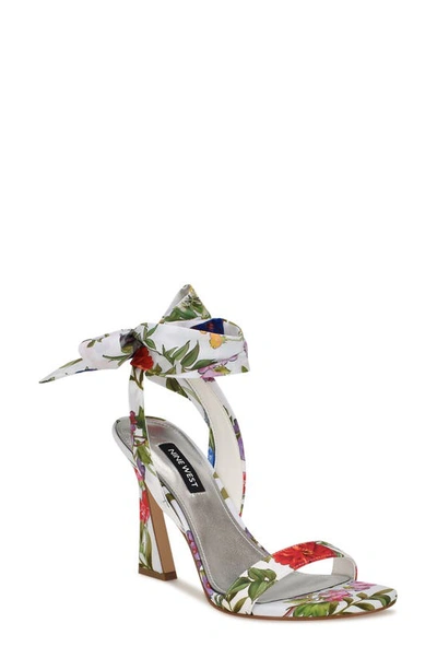 Nine West Kelsie Ankle Tie Sandal In White Garden Print Multi - Textile