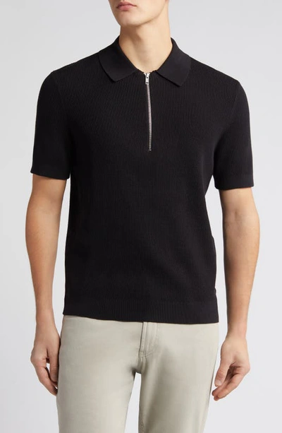 Nn07 Hansie Zip Ribbed Organic Cotton Sweater Polo In Black