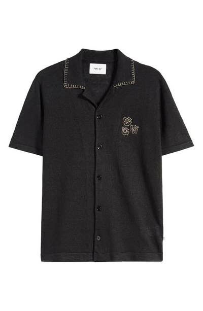 Nn07 Henry Embroidered Short Sleeve Linen Knit Camp Shirt In Black