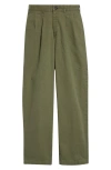 Noah Double Pleat Cotton Herringbone Pants In Army Green