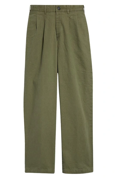 Noah Double Pleat Cotton Herringbone Trousers In Army Green