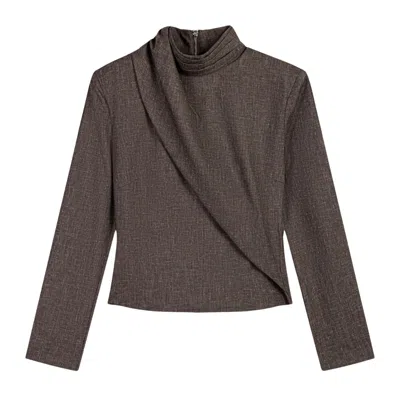 Nocturne Women's Brown Padded Shoulder Stand Collar Blouse