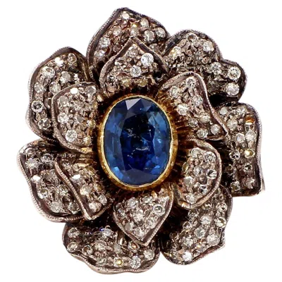 Pre-owned Non Branded Antique 1.8 Carat Blue Oval Sapphire And Old European Cut Diamond Gold Ring