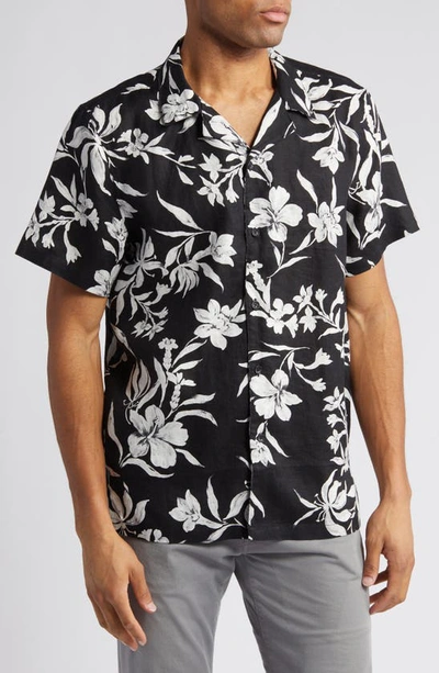 Nordstrom Brushed Floral Short Sleeve Button-up Linen Camp Shirt In Black Brushed Floral