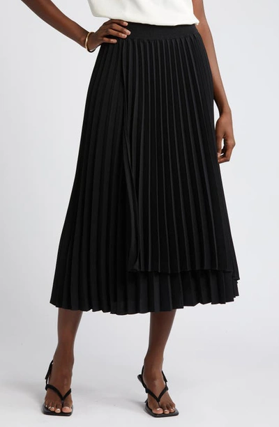 Nordstrom Pleated Asymmetric Hem Midi Skirt In Black