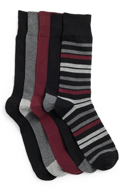 Nordstrom Rack 5-pack Assorted Texture Stripe Crew Socks In Black Stripe -grey
