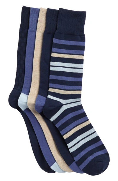 Nordstrom Rack 5-pack Assorted Texture Stripe Crew Socks In Navy -blue Angelite