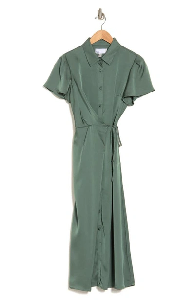 Nordstrom Rack Collared Half Button Wrap Front Shirtdress In Green Duck