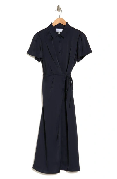 Nordstrom Rack Collared Half Button Wrap Front Shirtdress In Navy Night