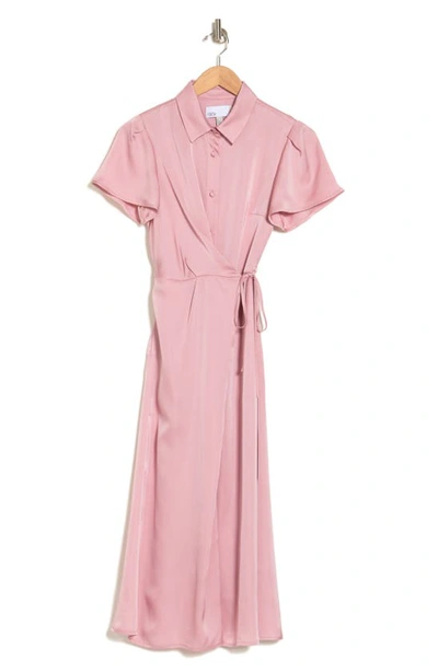 Nordstrom Rack Collared Half Button Wrap Front Shirtdress In Pink Zephyr