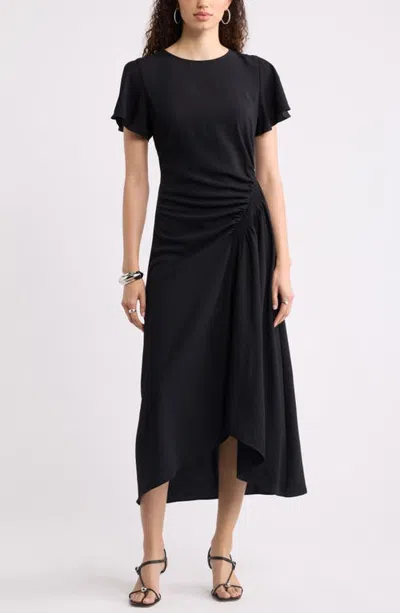 Nordstrom Split Sleeve Side Smocked Midi Dress In Black