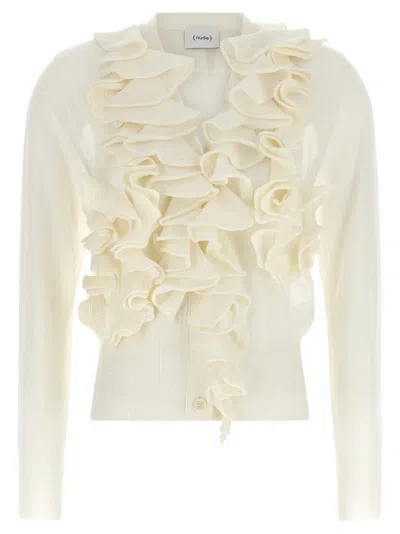 Nude White Ruffle V Neck Sweater
