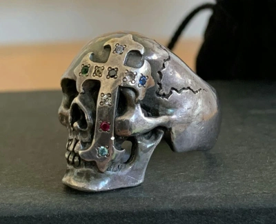 Pre-owned Number N Ine Ss05 "nightcrawler" Bejeweled Silver Skull Ring W/ Box