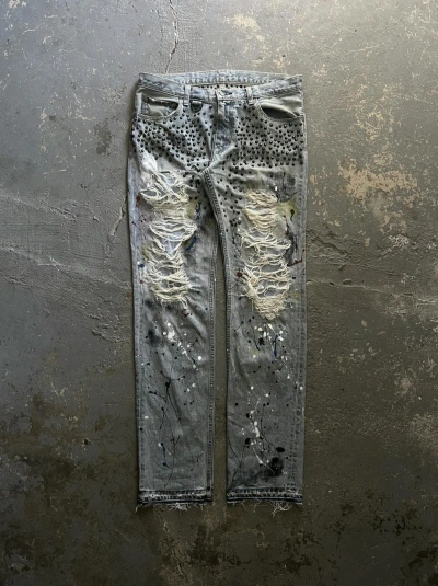 Pre-owned Number N Ine X Takahiromiyashita The Soloist Ss06 Studded Painter D-ring Crying Heart Pain Denim Jeans In Ice Blue