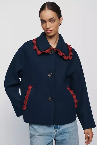 Nvlt Carina Scalloped Cropped Coat Jacket In Blue