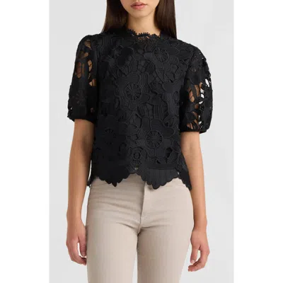 Nvlt Sequined Lace Top With Puffed Sleeves In Black