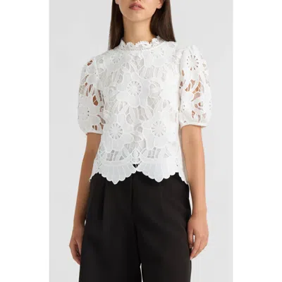 Nvlt Sequined Lace Top With Puffed Sleeves In White