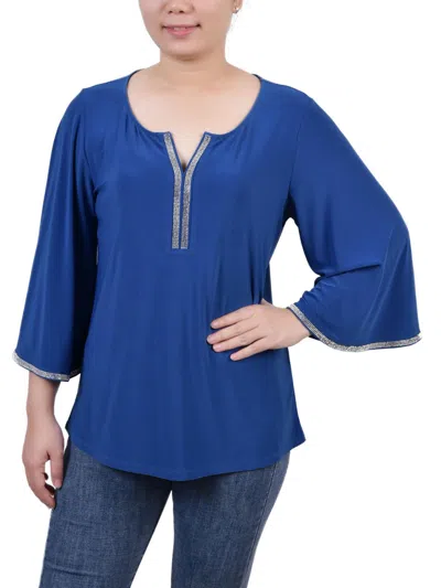 Ny Collection Petites Womens Embellished Polyester Blouse In Blue