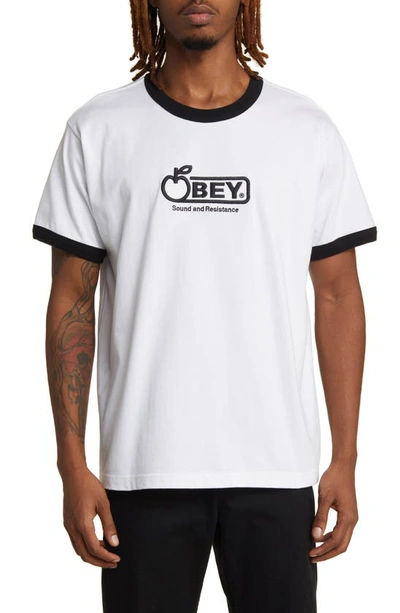 Obey Bigwig Sound Embroidered Ringer T-shirt In White Multi