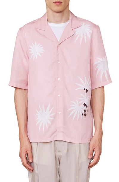 Officine Generale Eren Palm Tree Short Sleeve Button-up Shirt In Smoked Pink/ White