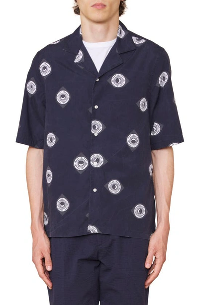 Officine Generale Eren Sun & Moon Print Short Sleeve Button-up Shirt In Night Sky/ Ecru