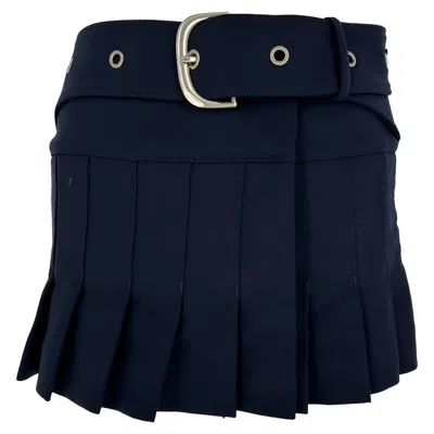 Pre-owned Off-white Belted Pleated Miniskirt In Navy Blue Wool