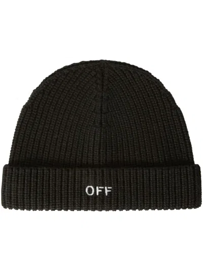 Off-white Embroidered Ribbed-knit Beanie In Black
