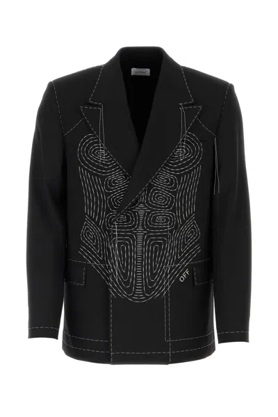 Off-white Inspired Stretch Blazer In Polyester Wool Blend In Black